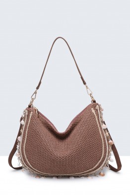 28990-BV Polypropylene straw woven handbag with shells
