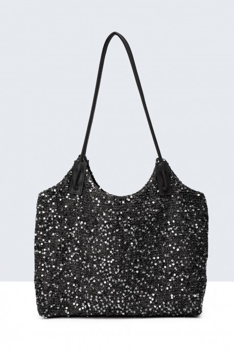S9528-6-BV Sequin net woven handbag : colour:Black - Silver