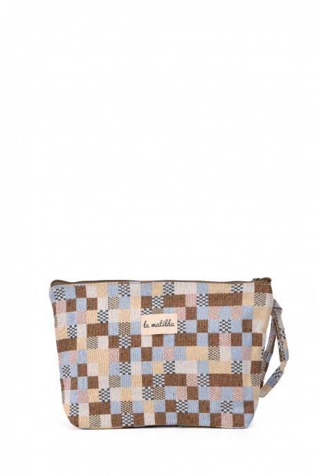 La Matilda - Large textile pouch makeup bag Cuadros Tostado M101-107