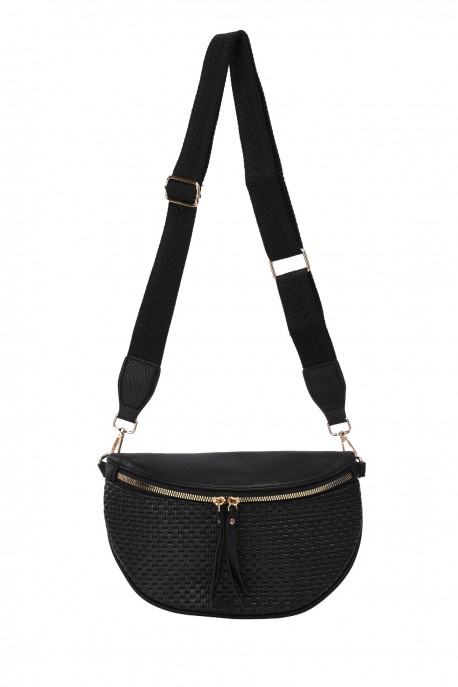 KJ1349-1 Sac banane bandoulière synthétique en paille polypropylène : couleur:Noir (Black)