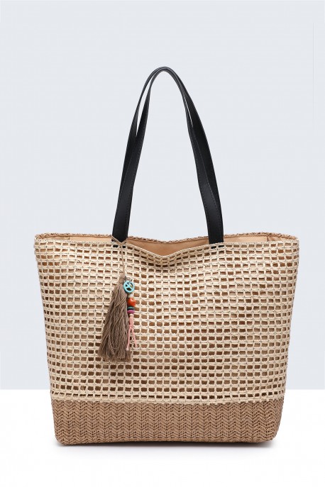 G8880-BV Sac à main en paille de papier crocheté : couleur:Beige - Kaki (Beige - Khaki)