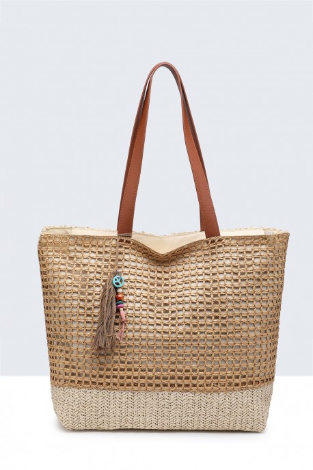 G8880-BV Sac à main en paille de papier crocheté : couleur:Kaki - Beige (Khaki - Beige)