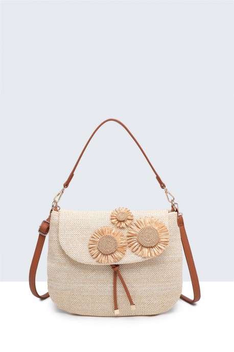 Synthetic straw handbag with a floral flap 29002-BV : colour:Beige