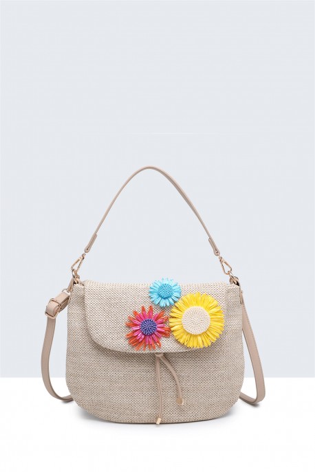 Synthetic straw handbag with a floral flap 29002-BV : colour:Khaki