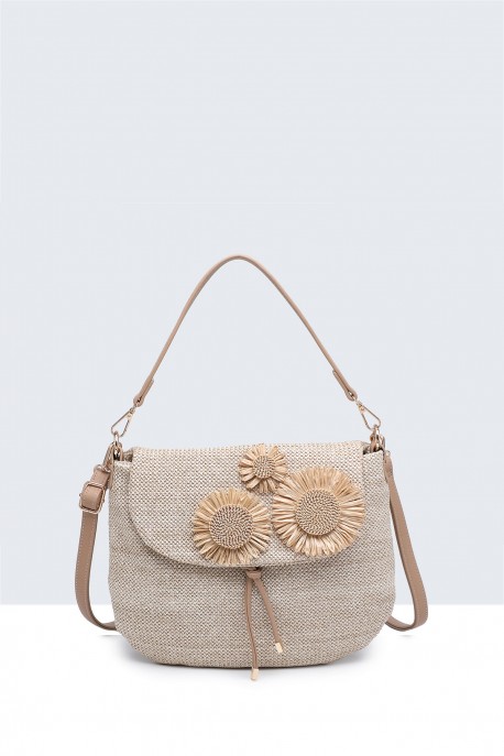Synthetic straw handbag with a floral flap 29002-BV : colour:Taupe