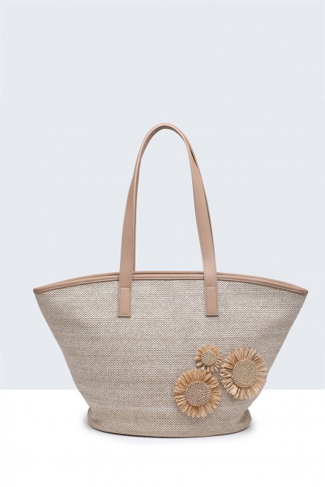 29003-BV Synthetic straw handbag with a floral : colour:Taupe