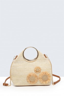 29005-BV Sac à main anneau en paille synthétique fleurs