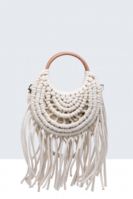 9256-BV Sac à main rond avec frange en coton crocheté