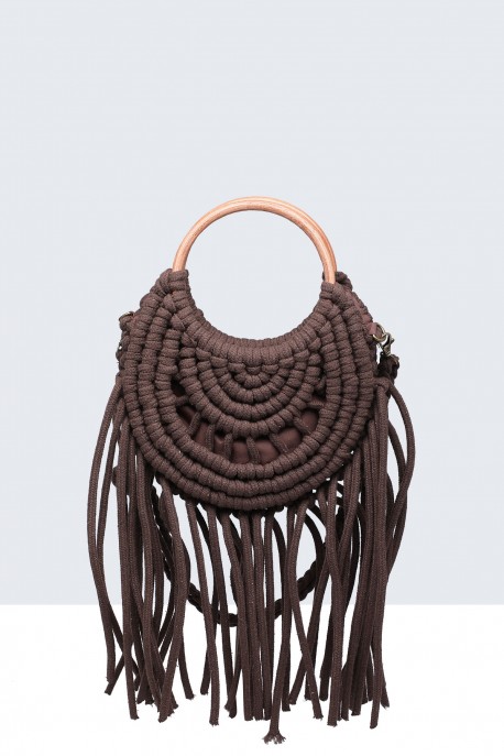 9256-BV Sac à main rond avec frange en coton crocheté : couleur:Marron (Brown)