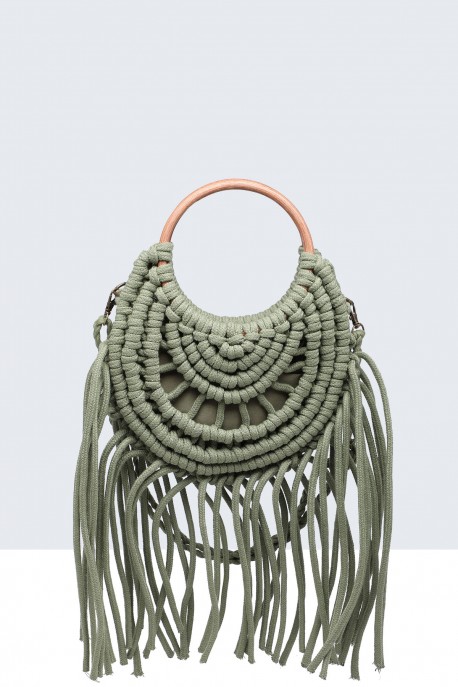 9256-BV Sac à main rond avec frange en coton crocheté : couleur:Vert (Green)