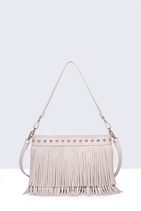 11143-BV-VS Bohemian-style shoulder bag with fringe and studs : colour:Beige