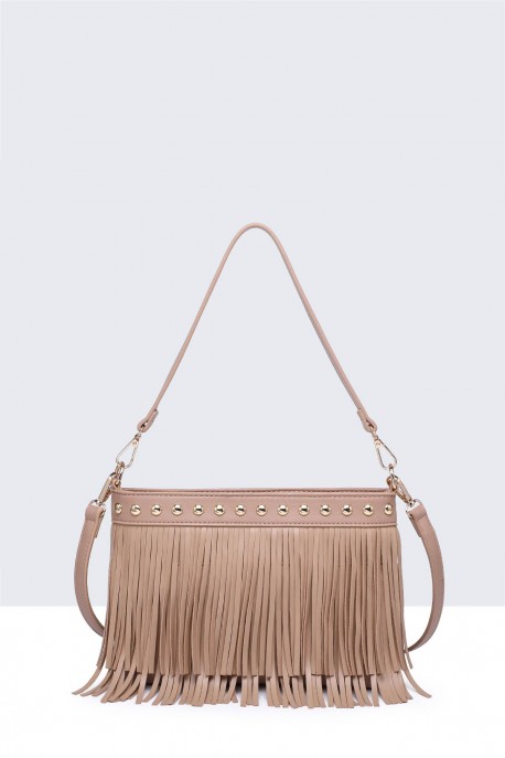 11143-BV-VS Bohemian-style shoulder bag with fringe and studs : colour:Khaki