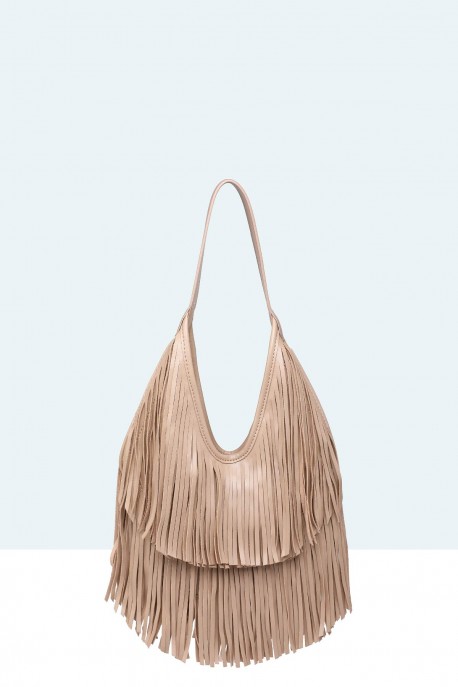 11142-BV-VS Bohemian-style shoulder bag with fringe : colour:Khaki