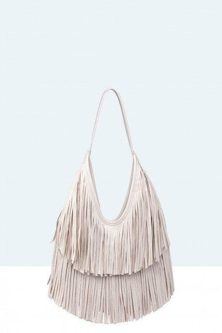 11142-BV-VS Bohemian-style shoulder bag with fringe : colour:Beige