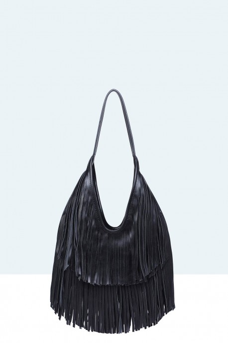 11142-BV-VS Sac épaule à frange style Bohème : couleur:Noir (Black)