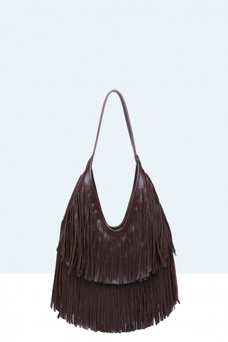 11142-BV-VS Bohemian-style shoulder bag with fringe : colour:Marron fonc&eacute;