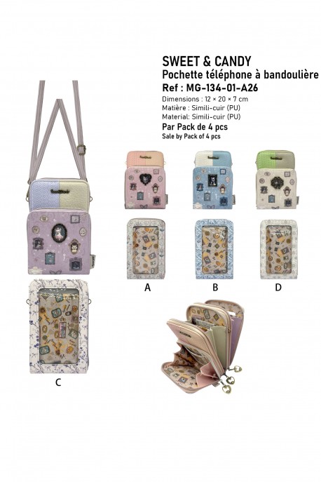 MG-134-01-A26 Pochette bandoulière format téléphone synthétique Sweet & Candy : Motif:Pack de 4