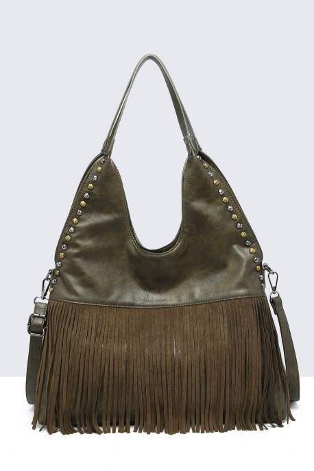 60030-BV Sac épaule à frange et clous style Bohème