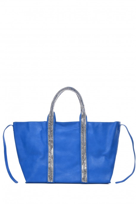Y3222 Sac à main cabas grand taille grainé ornementé de strass acrylique : couleur:Bleu (Blue)