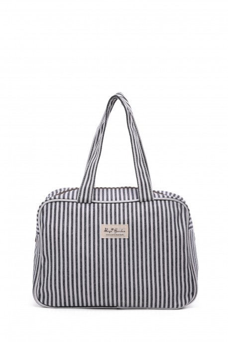 BG-6729 Cotton diaper bag, small size, carried by hand striped pattern : colour:Black
