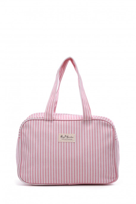 BG-6729 Sac à langer coton format S porté main motif rayures : couleur:Rose (Pink)
