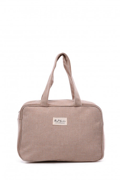 BG-6844 Cotton diaper bag, small size, carried by hand gingham pattern : colour:Camel