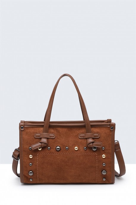 29071-BV Nubuck-textured bag with studs : colour:Brown