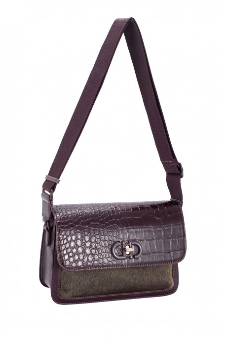 CM8637 Sac bandoulière à rabat croco et fourrure David Jones : couleur:HOT CHOCOLAT