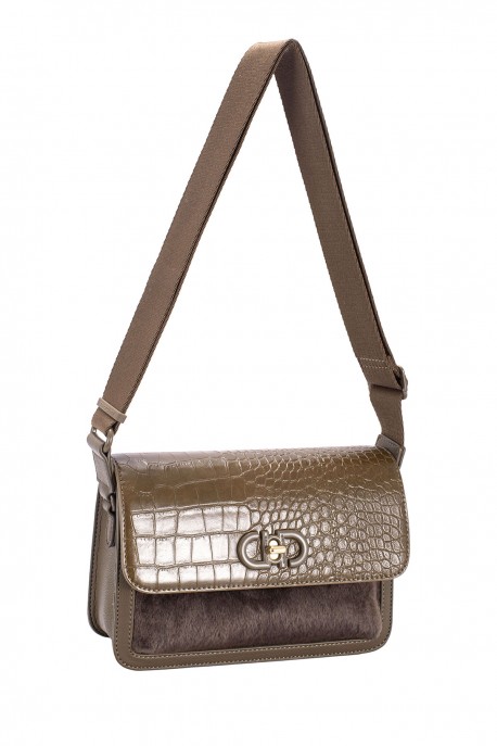 CM8637 Sac bandoulière à rabat croco et fourrure David Jones : couleur:Mousse des brumes (MIST MOSS)