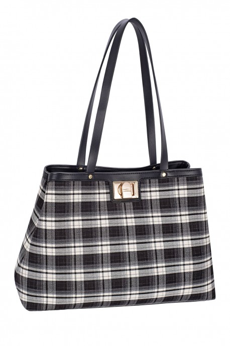 CM8772 David Jones Flared P-Trapeze Plaid Gingham Pattern Shoulder Bag : colour:JET BLACK