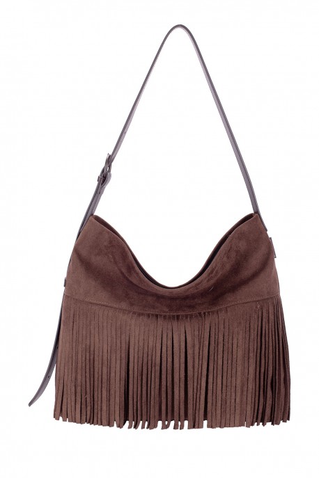CM8723 David Jones nubuck velvet fringe shoulder bag : colour:HOT CHOCOLAT