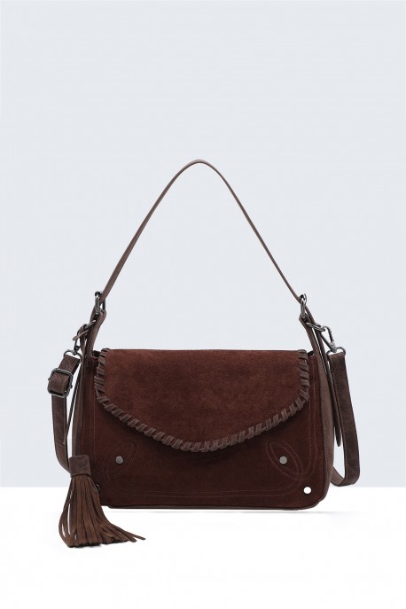 BV-16219 Nubuck velvet effect flap handbag : colour:Coffee