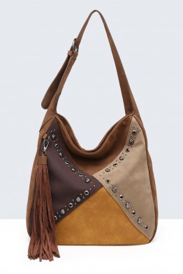 BV-29085 Sac épaule hobo Patchwork Clouté effet nubuck