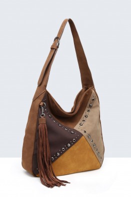 BV-29085 Sac épaule hobo Patchwork Clouté effet nubuck