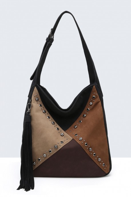 BV-29085 Sac épaule hobo Patchwork Clouté effet nubuck