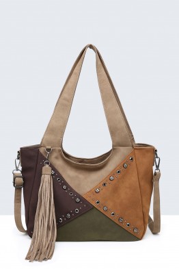 BV-29086 Sac à main à ailettes Patchwork Clouté effet nubuck