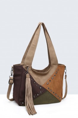 BV-29086 Sac à main à ailettes Patchwork Clouté effet nubuck