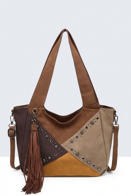 BV-29086 Nubuck Effect Studded Patchwork Finned Purse : colour:Brown