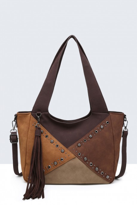 BV-29086 Nubuck Effect Studded Patchwork Finned Purse : colour:Coffee