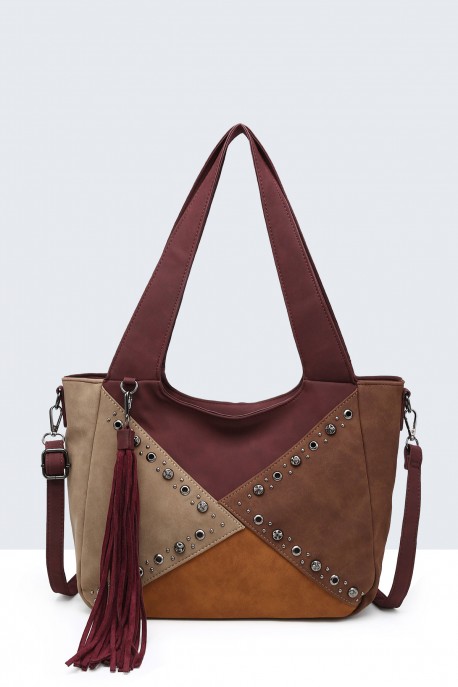 BV-29086 Nubuck Effect Studded Patchwork Finned Purse : colour:Wine
