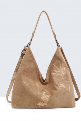 BV-29088 Sac épaule hobo effet velour nubuck motif brodé