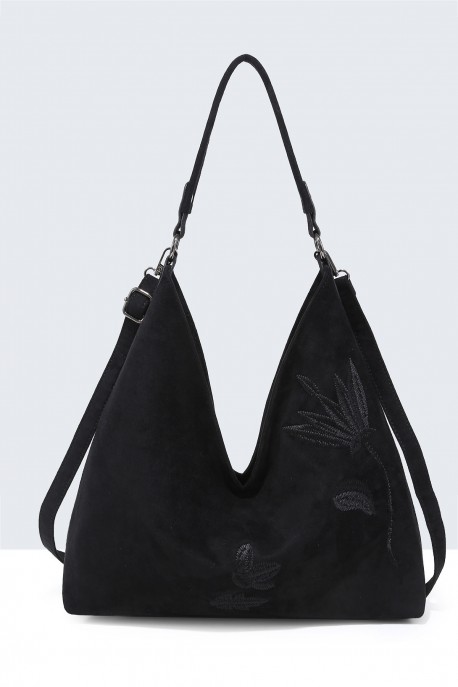 BV-29088 Hobo shoulder bag with nubuck velvet effect embroidered pattern