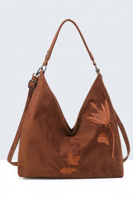BV-29088 Sac épaule hobo effet velour nubuck motif brodé : couleur:Marron (Brown)