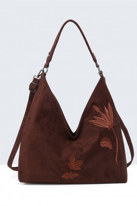 BV-29088 Hobo shoulder bag with nubuck velvet effect embroidered pattern : colour:Coffee