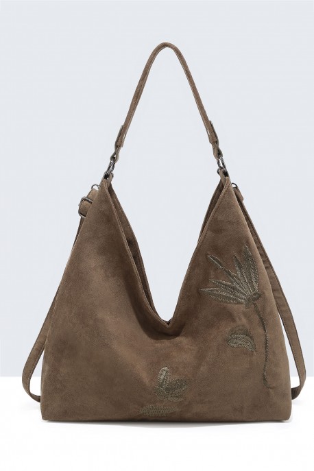 BV-29088 Sac épaule hobo effet velour nubuck motif brodé : couleur:Vert (Green)
