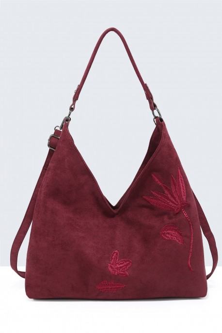 BV-29088 Sac épaule hobo effet velour nubuck motif brodé : couleur:Rouge vin (Wine)