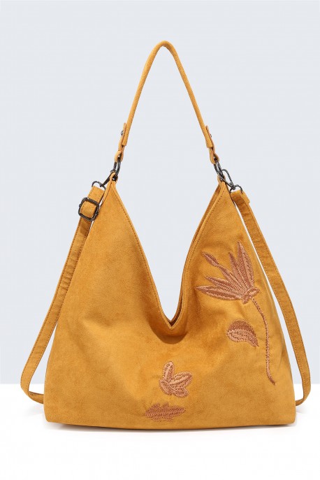 BV-29088 Hobo shoulder bag with nubuck velvet effect embroidered pattern : colour:Yellow