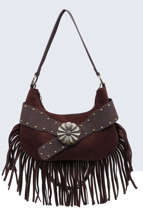 BV-29102 Nubuck Velvet Effect Fringe Handbag : colour:Coffee