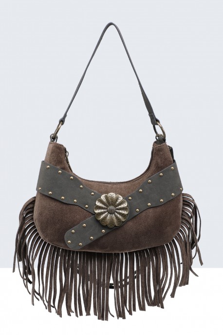 BV-29102 Nubuck Velvet Effect Fringe Handbag : colour:Green