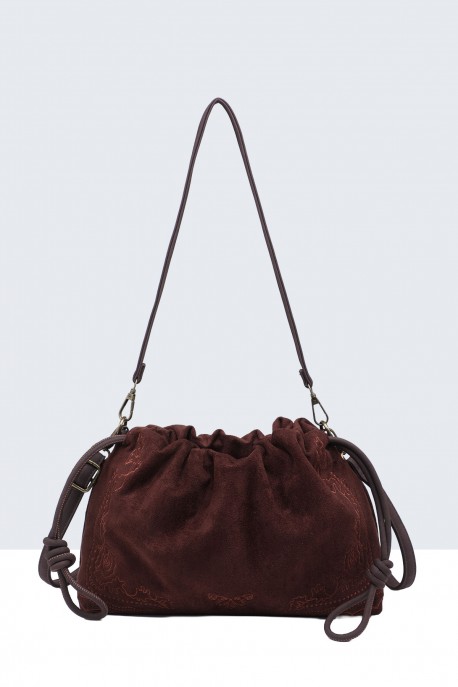 BV-29103 Sac épaule bourse effet velour nubuck motif brodé : couleur:Caf&eacute; (Coffee)